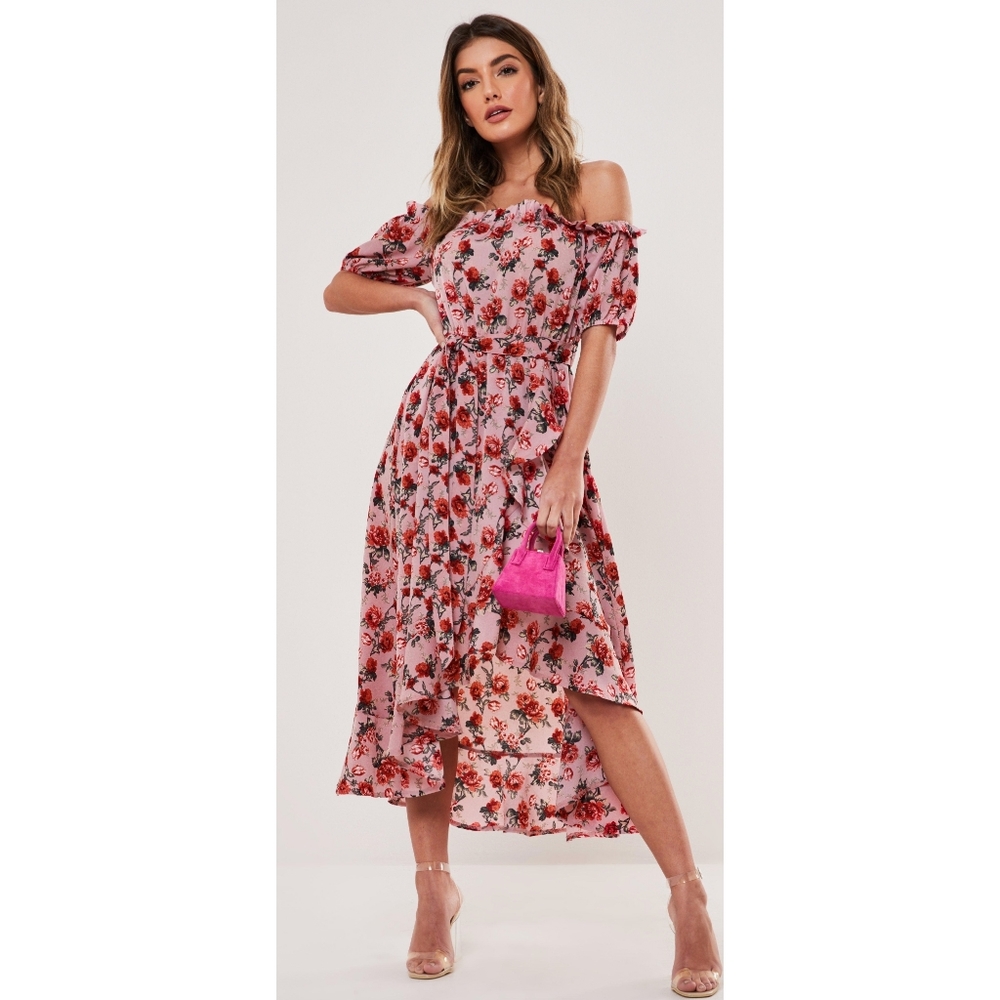 Missguided Pink Floral Bardot Wrap Midi Tea Dress Size 12